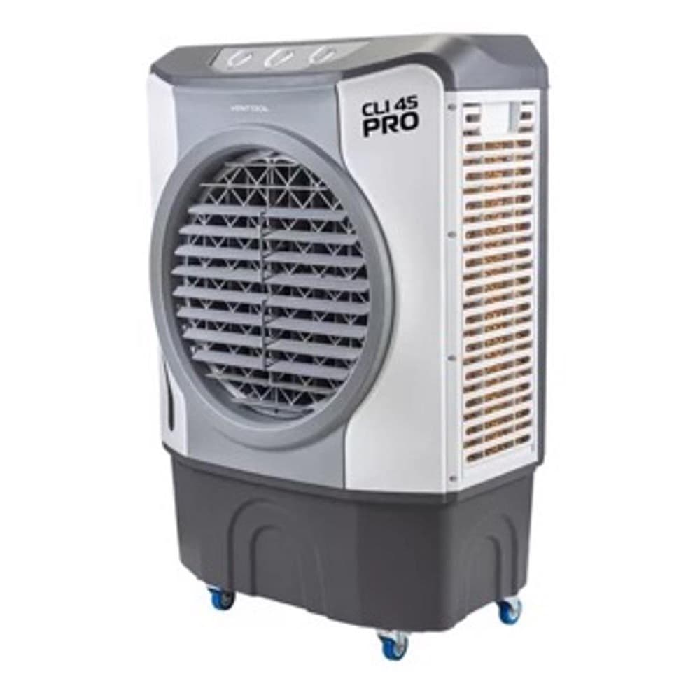Climatizador Portátil Industrial Evaporativo 45 Litros Linha PRO, cinza e branco, com rodas azuis e texto CLI 45 PRO.