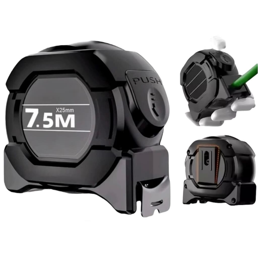 Trena profissional 7,5 metros com fita de 25mm, visor digital e botão PUSH, em preto e cinza