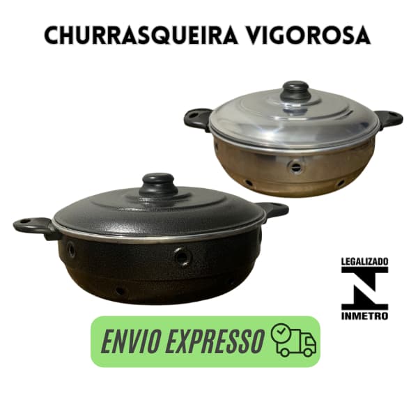 Churrasqueira de alumínio vigorosa com tampa de aço inoxidável, fundo com buracos e alças laterais, legalizada pelo Inmetro.