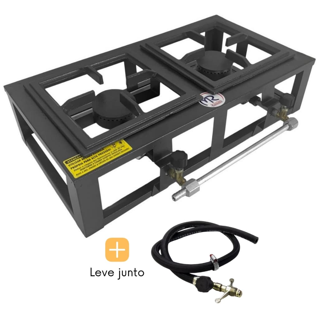 Fogão industrial de mesa alta pressão com duas bocas, preto, para camping ou caminhoneiro com registro e mangueira incluídos