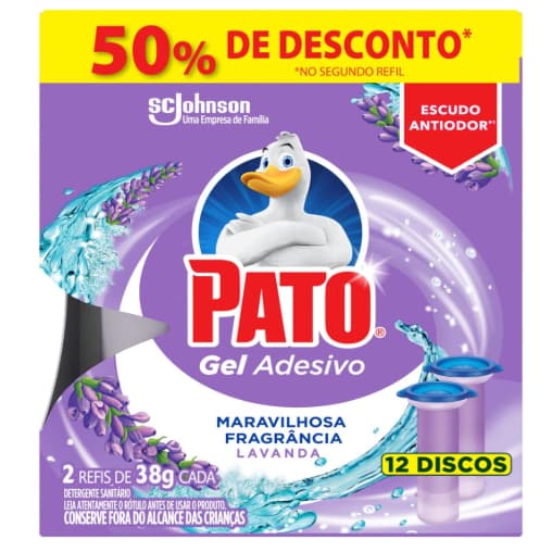 Pato Desodorizador Gel Adesivo 2 Refis Lavanda, 12 Discos, Oferta 50% Desconto