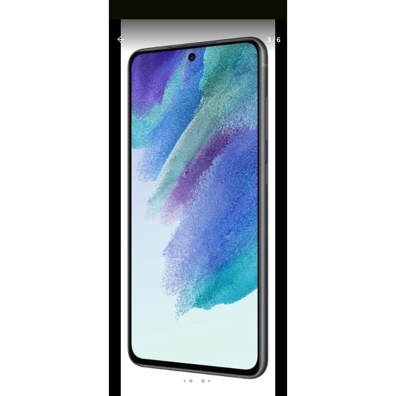 Imagem frontal do smartphone Samsung Galaxy S21 FE 5G, cores vibrantes em azul e roxo