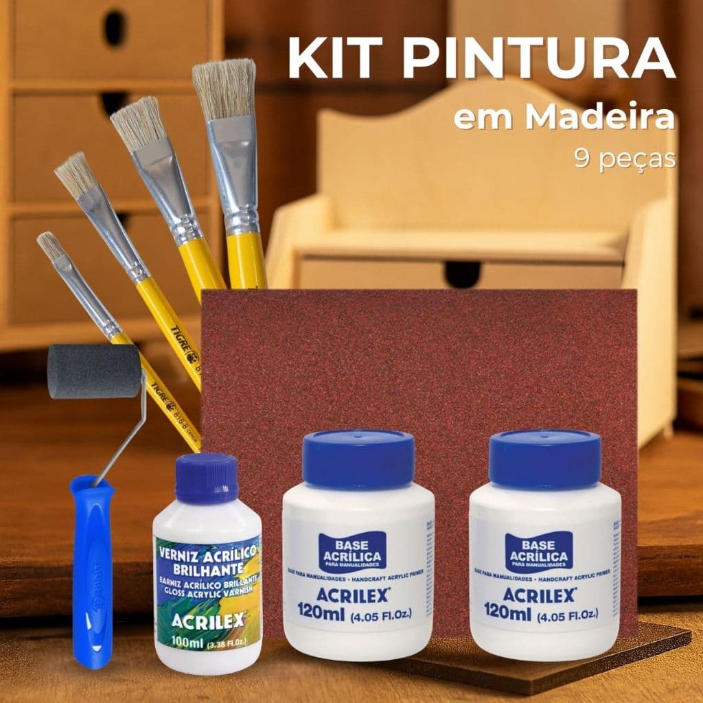 Kit para Artesanato em Madeira MDF com 4 Pincéis Chato Tigre Rolo de Pintura Verniz e Base Acrílica