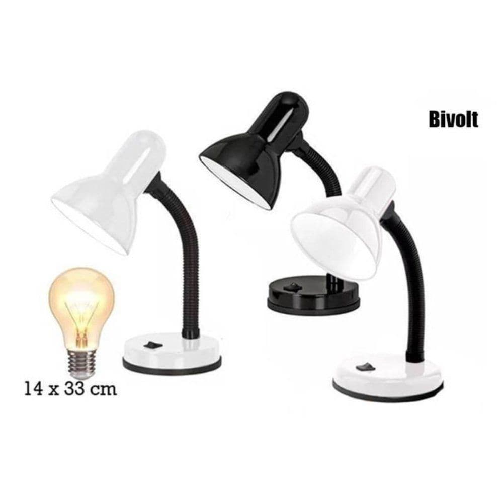 Luminária de mesa Bivolt com haste flexível, preto, branco e branco com base preta, 14 x 33 cm