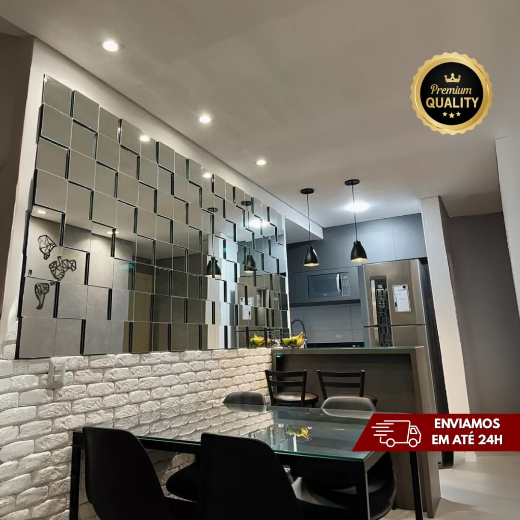 Painel decorativo de espelho 3D montado na parede de uma sala de jantar com fundo de tijolos brancos.