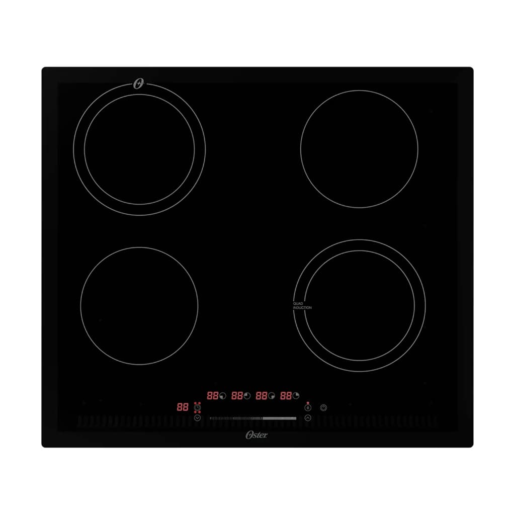 Cooktop elétrico Oster OTOP402 com quatro bocas, preto e branco, em fundo branco.