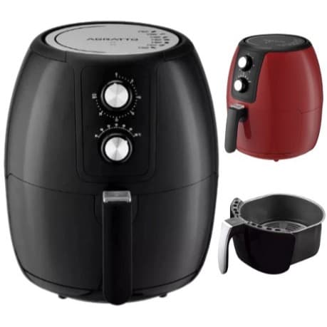 Fritadeira elétrica preta Agratto com controle de temperatura e versão menor vermelha, ambas com fundo branco