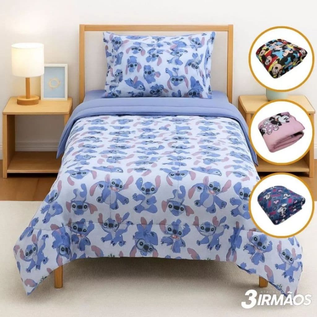 Edredom infantil com estampa de Stitch, azul e branco, para cama de solteiro