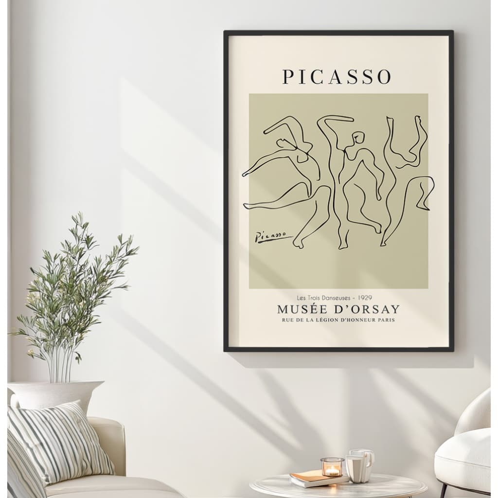 Quadro abstrato minimalista de Picasso com moldura preta, decoração para sala ou quarto.