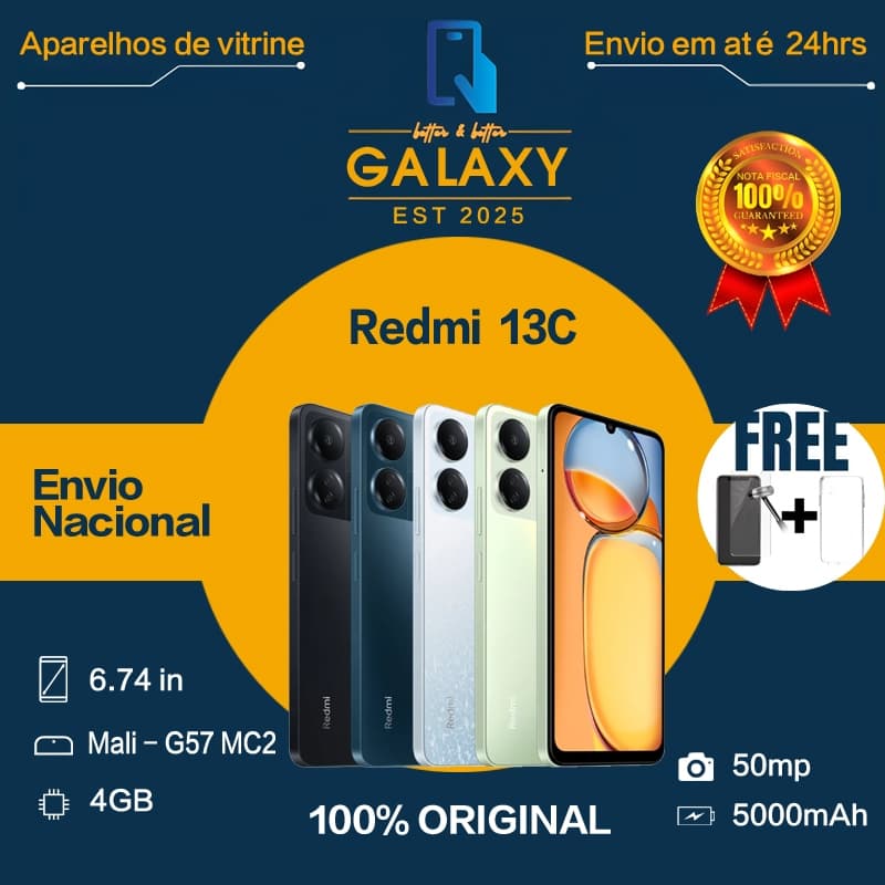 Anúncio do Xiaomi Redmi 13C 4G com três versões de cores e detalhes do produto