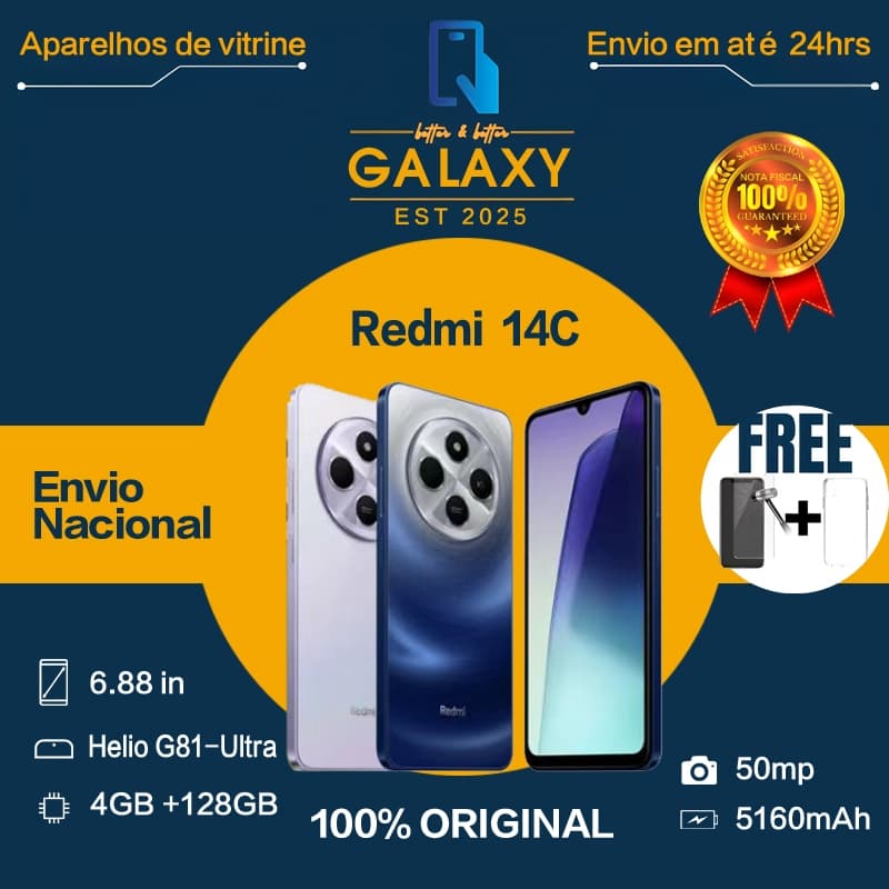Anúncio do smartphone Xiaomi Redmi 14C com especificações 50MP e 5160mAh, disponível em branco, azul e preto.