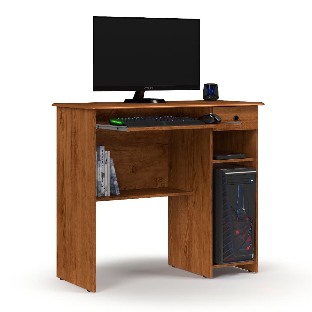 Mesa Escrivaninha para Computador Viena com monitor, teclado, mouse e livros