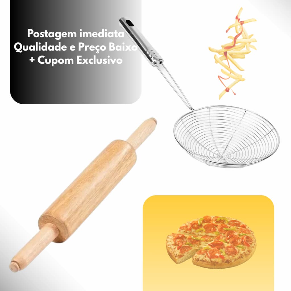 Kit com rolo de massas de madeira e escumadeira de fritura para pastel e salgados, com oferta de postagem imediata.