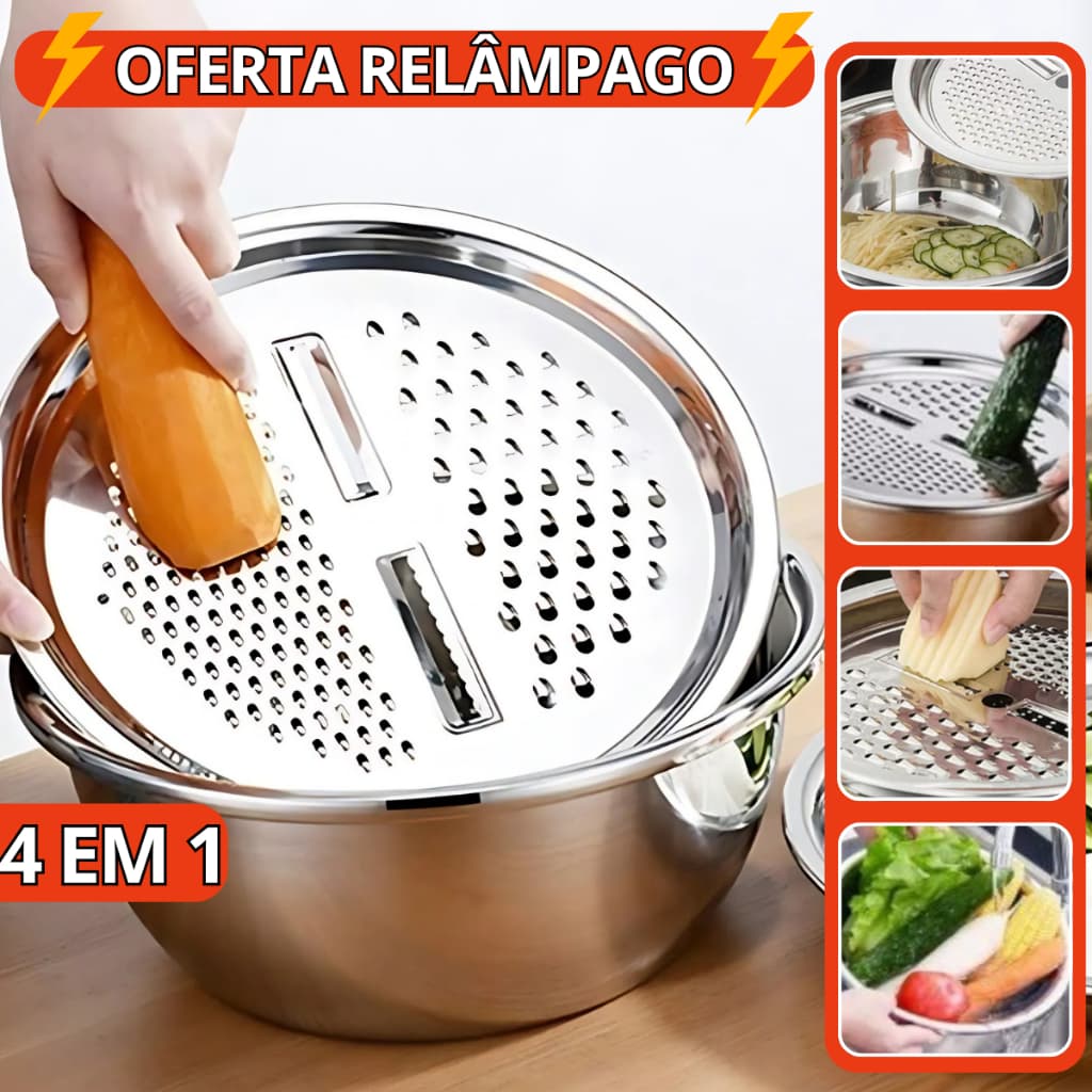 Tigela Inox 4 em 1 Ralador Fatiador Bacia Legumes Queijo Manual 26cm Cozinha Prática Tampa Ralador