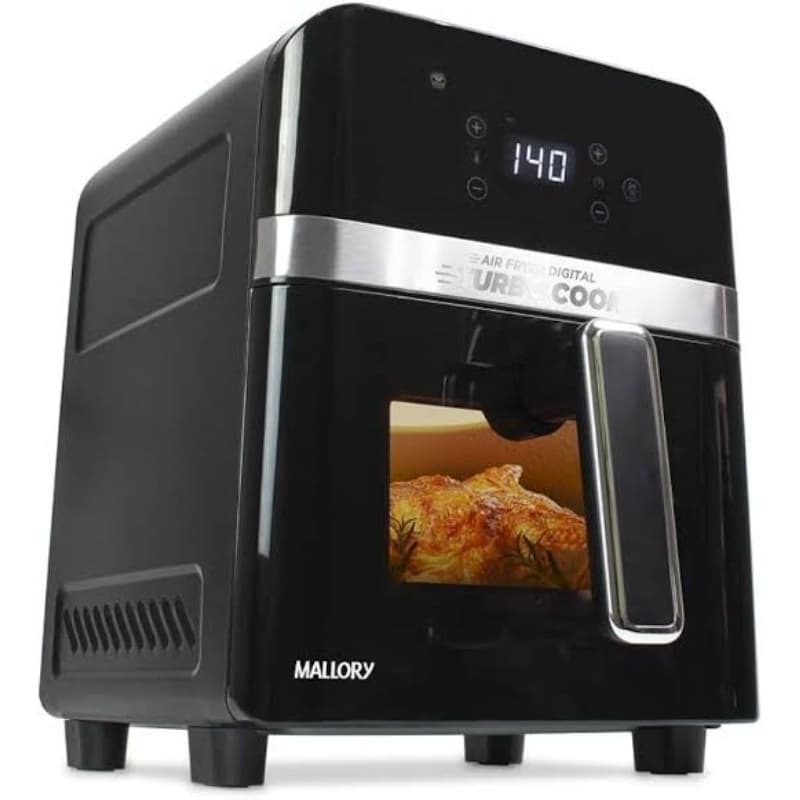 Fritadeira elétrica Mallory Turbocook 6 litros, preta com acabamento prateado, porta aberta com frango cozido visível.