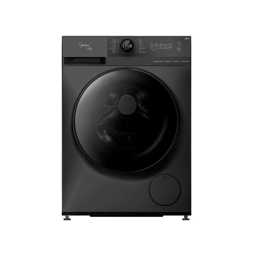 Máquina de lavar roupa preta com controles digitais e porta transparente, contra fundo branco.