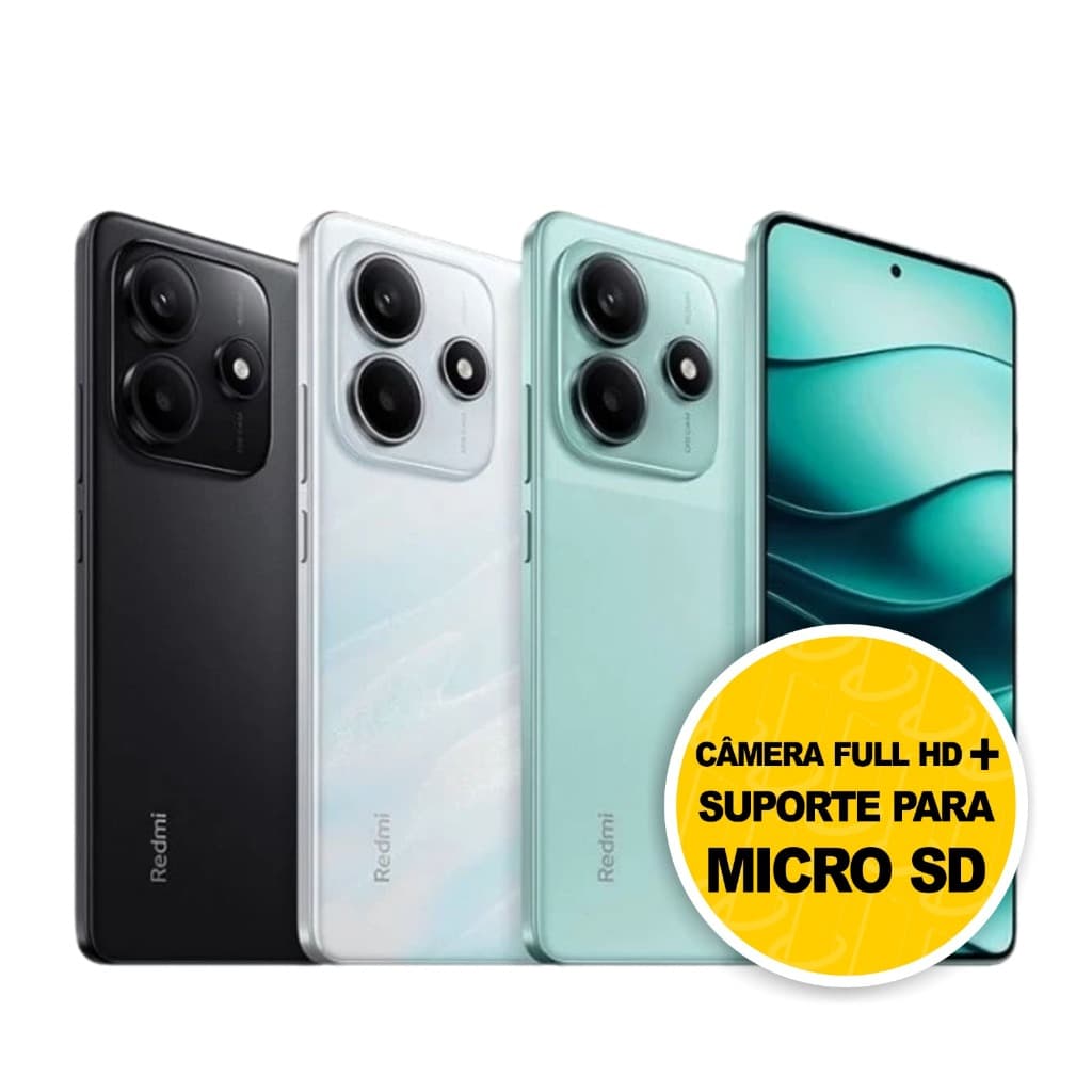 Celular Xiaomi Redmi Note 14 4G 8/256gb em quatro cores com câmeras traseiras e tela azul ativa