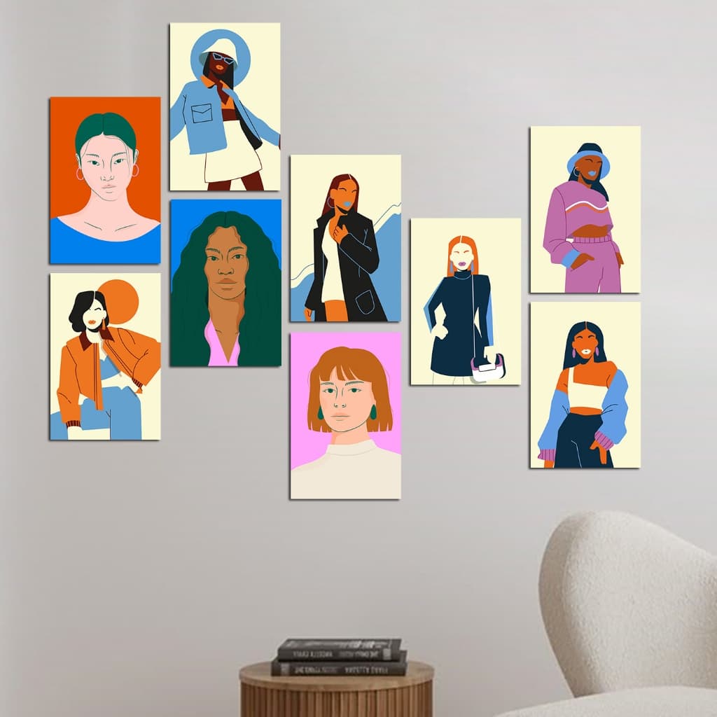 Kit de 9 quadros minimalistas com ilustrações de mulheres em MDF, 20x30 cm cada