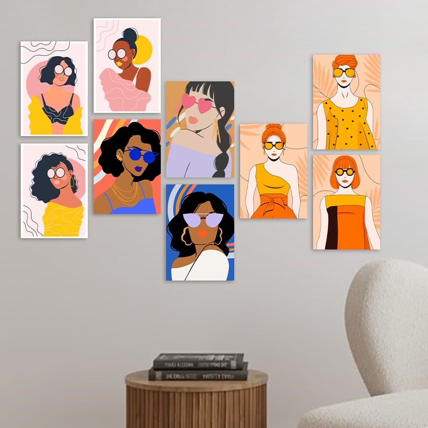 Kit de 9 quadros minimalistas femininos em cores vibrantes, 20x30 cm, arte feminista.