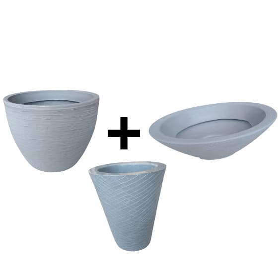 Kit de 3 vasos de plantas rústicos cinza: grande oval, médio cônico e pequeno cônico listrado