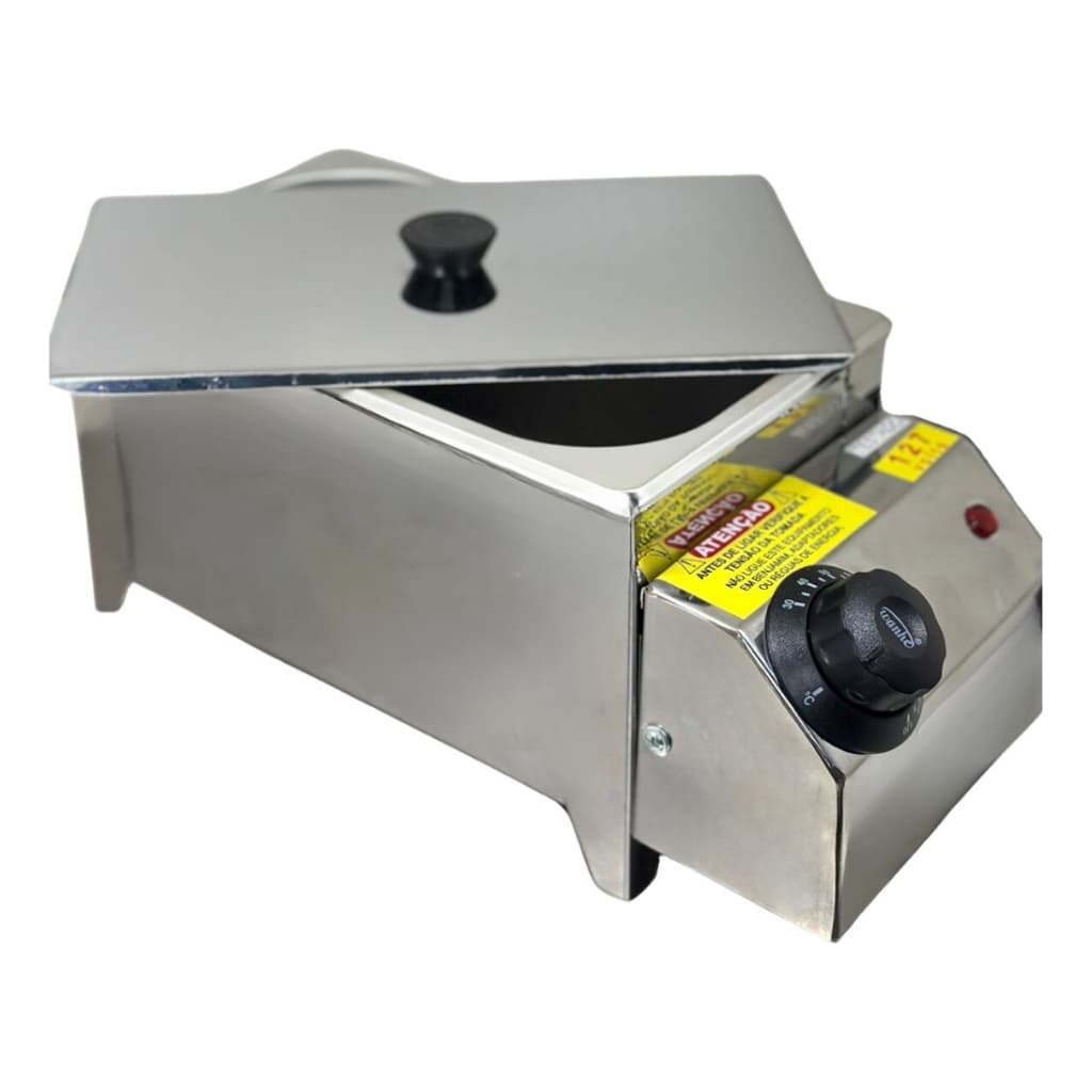 Chocolaterira elétrica de mesa 1 cuba 2,5 kg 127V, aço inoxidável, controle de temperatura, tampa com botão preto, botão vermelho na base