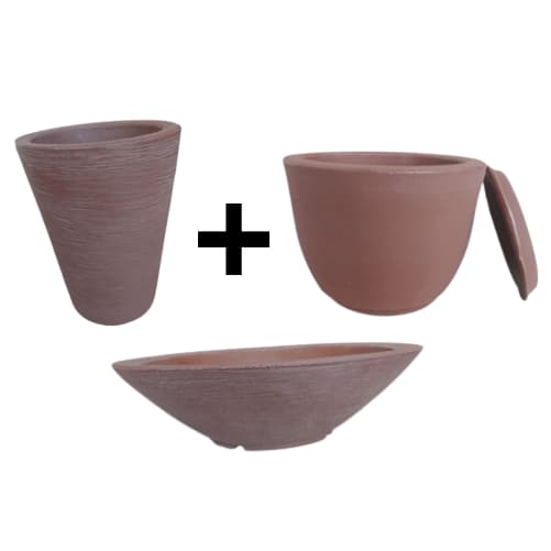 Kit com 3 vasos de plantas cônicos e redondos em marrom rústico