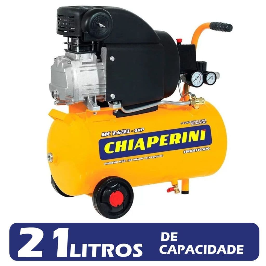 Compressor de Ar Portátil Chiaperini MC 7.6/21-2HP 120psi, 21 Litros, Amarelo