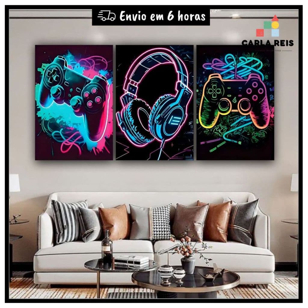 Quadros decorativos neon para sala de jogos com controles e fone de ouvido