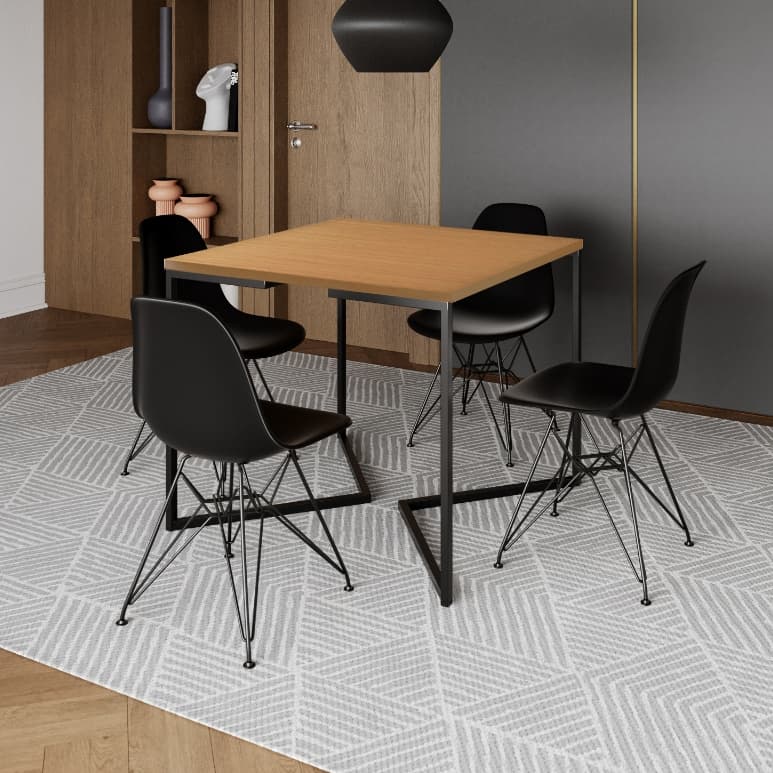 Conjunto mesa de jantar industrial com tampo de madeira e cadeiras Eames Eiffel