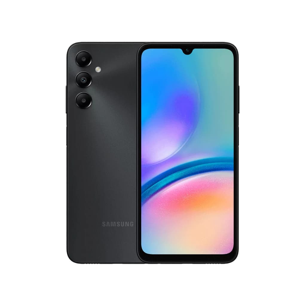 Smartphone Samsung Galaxy A05s preto com tela de 6.7 polegadas e três câmeras na traseira.