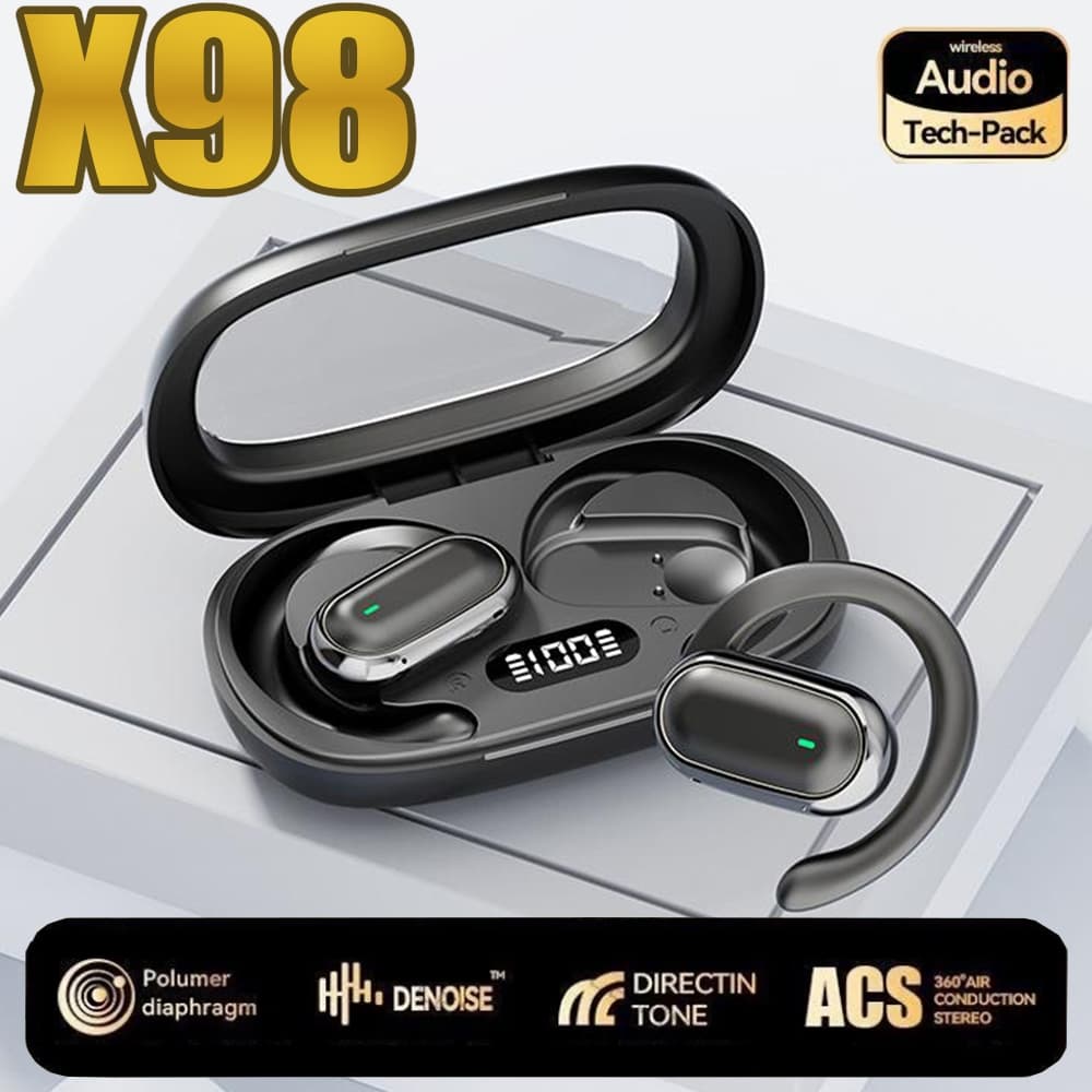 Fones de ouvido Bluetooth X98, modelo esportivo aberto, em fundo branco com detalhes em cinza e verde.
