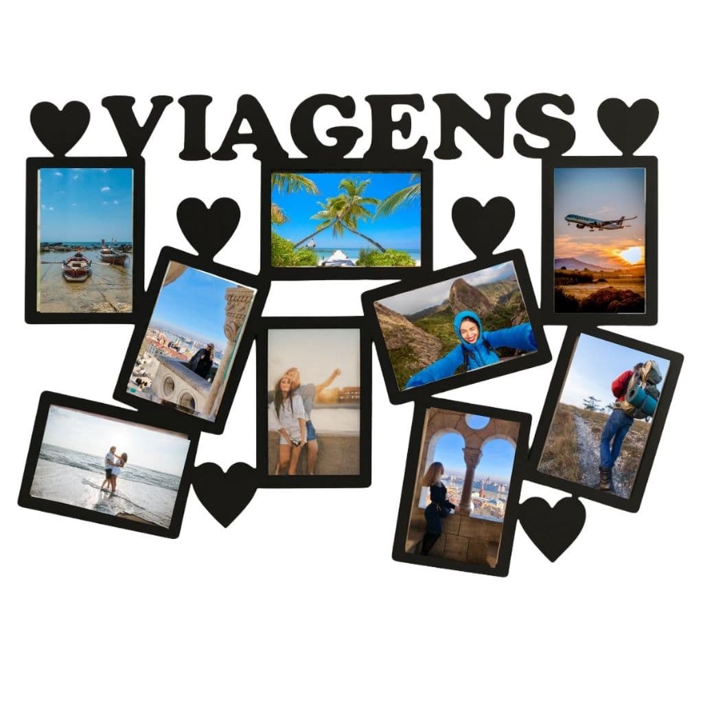 Painel decorativo MDF com nove molduras pretas em forma de coração para fotos de viagem