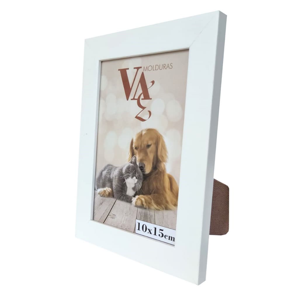 Quadro branco 10x15cm com moldura fina e vidro protetor, foto de cão e gato.
