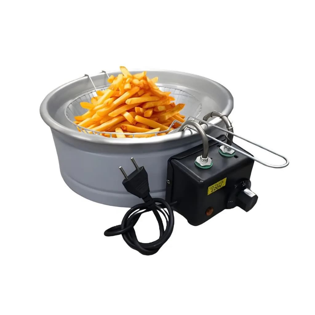 Fritadeira elétrica redonda industrial em aço inoxidável com cesta de fritar fritas e controlador de temperatura