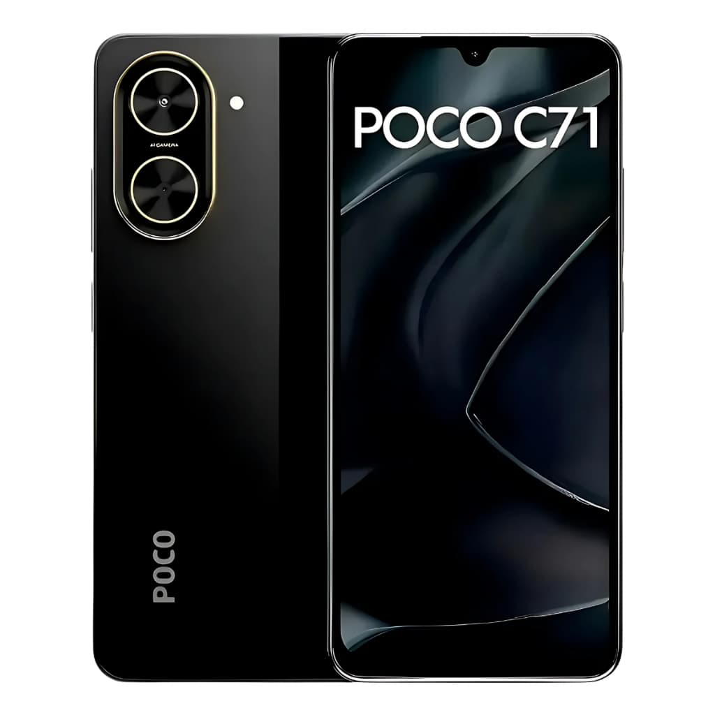 Smartphone Xiaomi Poco C71 128GB 4GB RAM 120Hz Octa-core, preto, visão frontal e traseira