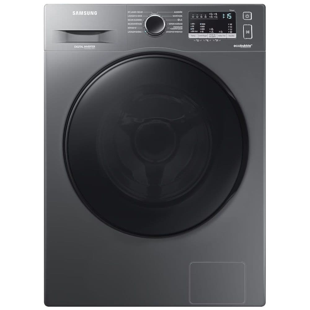 Lava e Seca Samsung WD11A Inox Ecobubble 11kg 12 Programas, aço inoxidável, cinza, painel de controle, porta preta