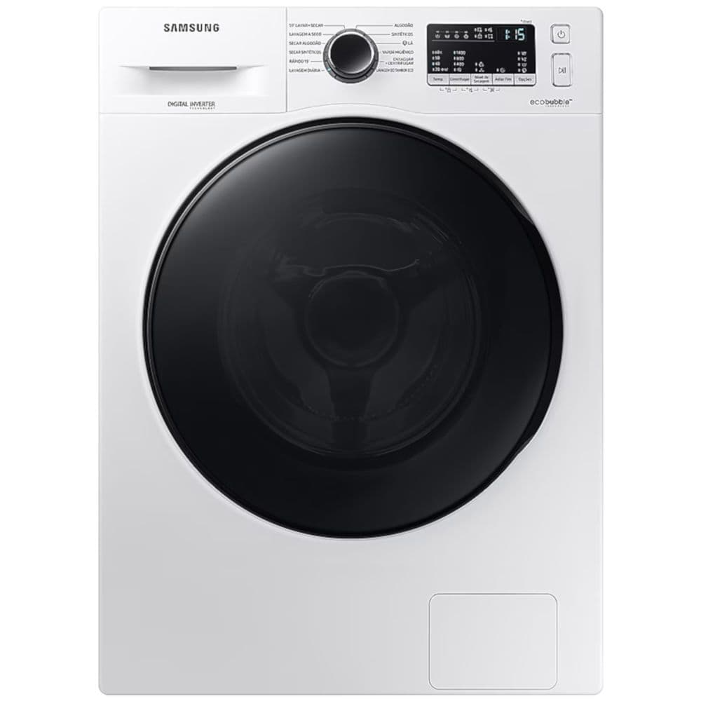 Lava e Seca Samsung WD11A Ecobubble 11kg 12 Programas, máquina de lavar e secar branca com porta de vidro e tampa preta, vista frontal, em fundo branco, com logo Samsung e controles digitais visíveis.