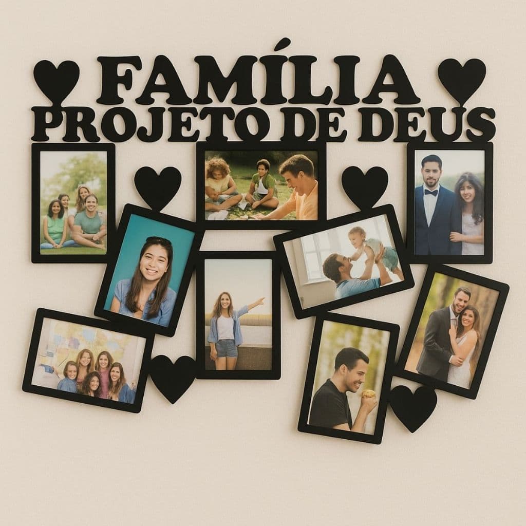 Painel decorativo MDF com 9 fotos família projeto de Deus