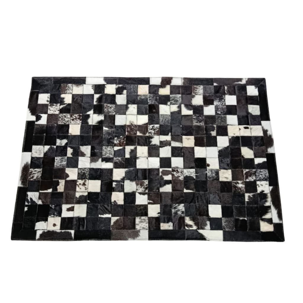 Tapete de couro de boi com padrão xadrez preto e branco, 1m x 1,5m, estilo 5x5