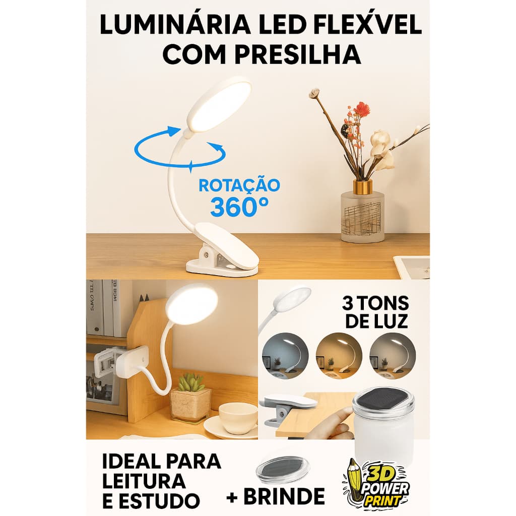 Luminária LED Flexível para Mesa com Clip Touch e Brinde Luminária Solar Inflável