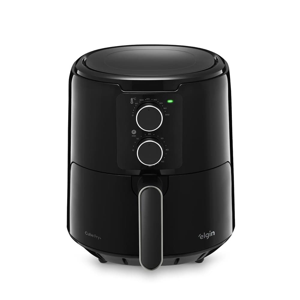 Fritadeira Elétrica Air Fryer Elgin 220V Cube Fry 4,2L 1600W, design cilíndrico preto e prata