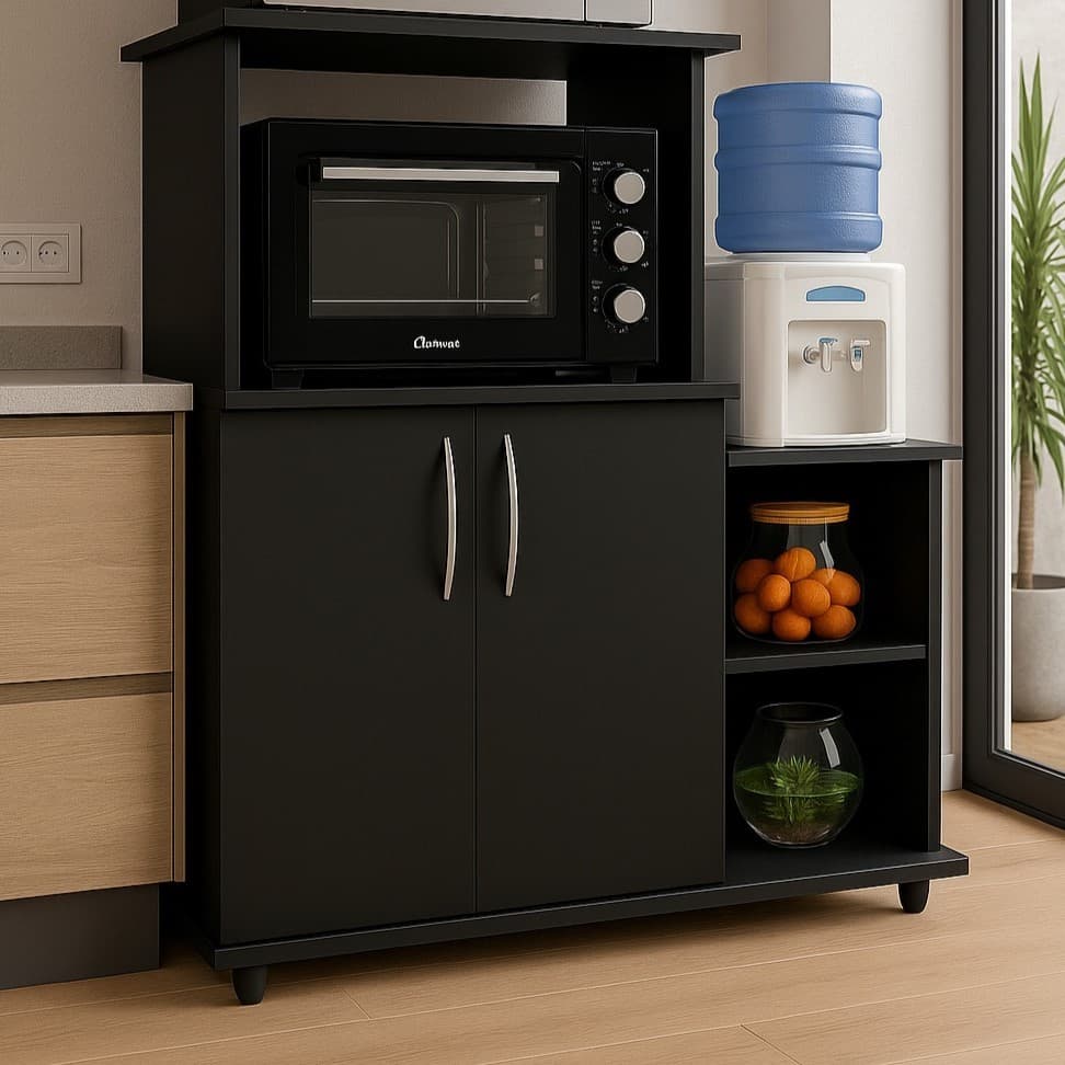 Balcão fruteira preto com suporte para micro-ondas e prateleiras, cozinha moderna
