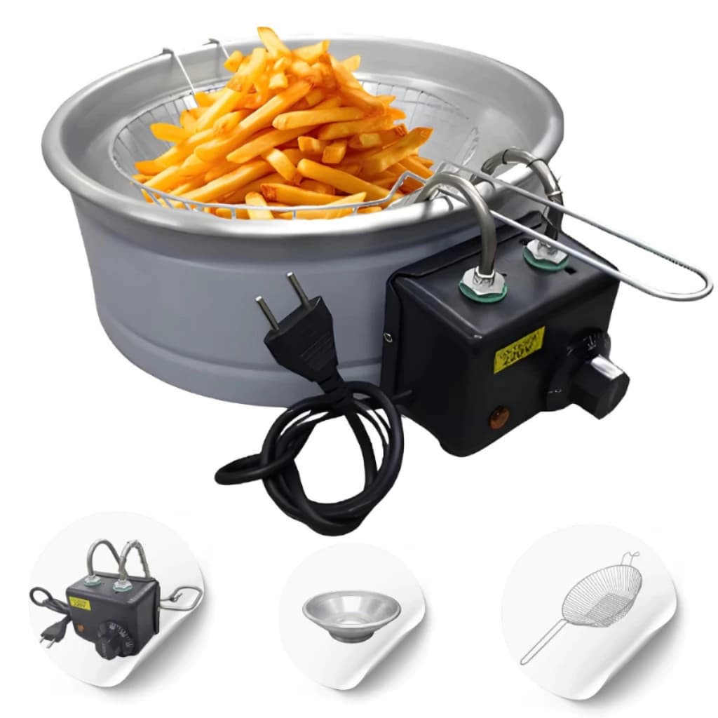 Fritadeira elétrica redonda industrial em aço inoxidável, 5L, com cesto e coifas centrais