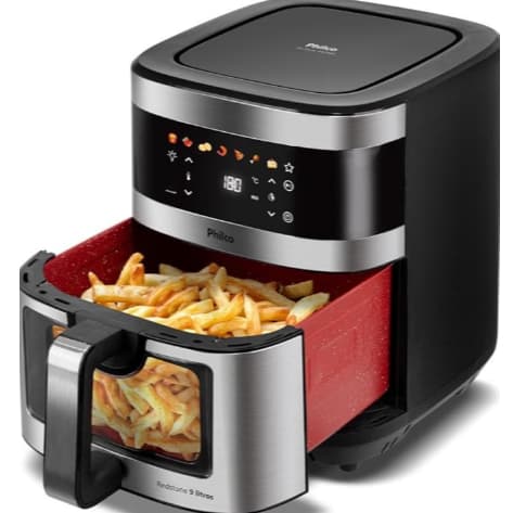 Fritadeira Air Fryer Philco 9 Litros Painel Digital Visor Glass Sem Óleo Oven 2000W com bandeja aberta
