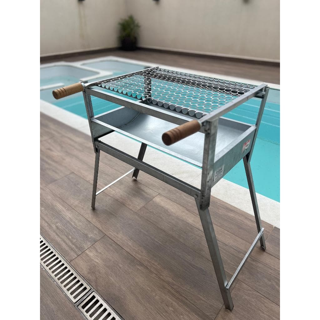 Churrasqueira extra grande portátil galvanizada com grelha em aço inoxidável, pés dobráveis, ideal para camping e pesca à beira da piscina