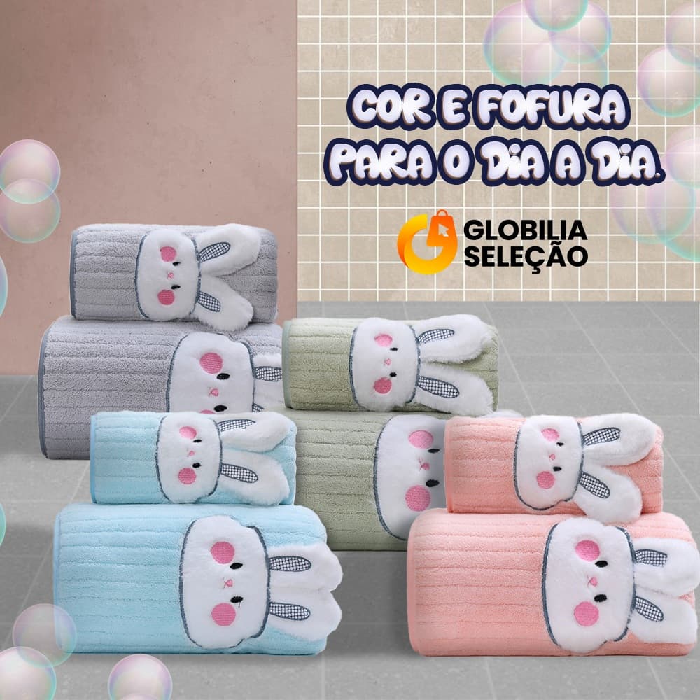 Kit de toalhas de banho e rosto com estampa de coelhos em cores pastel