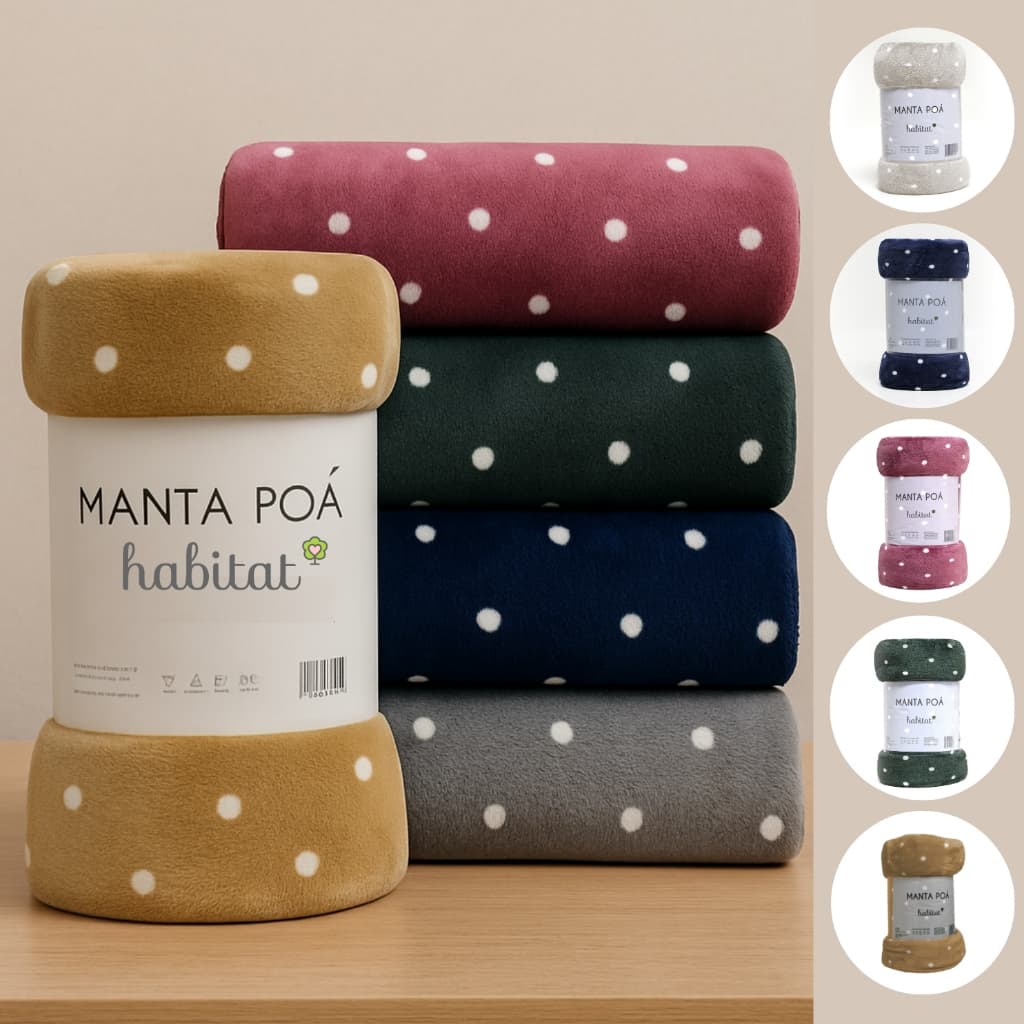 Conjunto de mantas de microfibra com estampa de bolinhas, cores variadas, rótulo branco com texto e símbolo de folha verde.