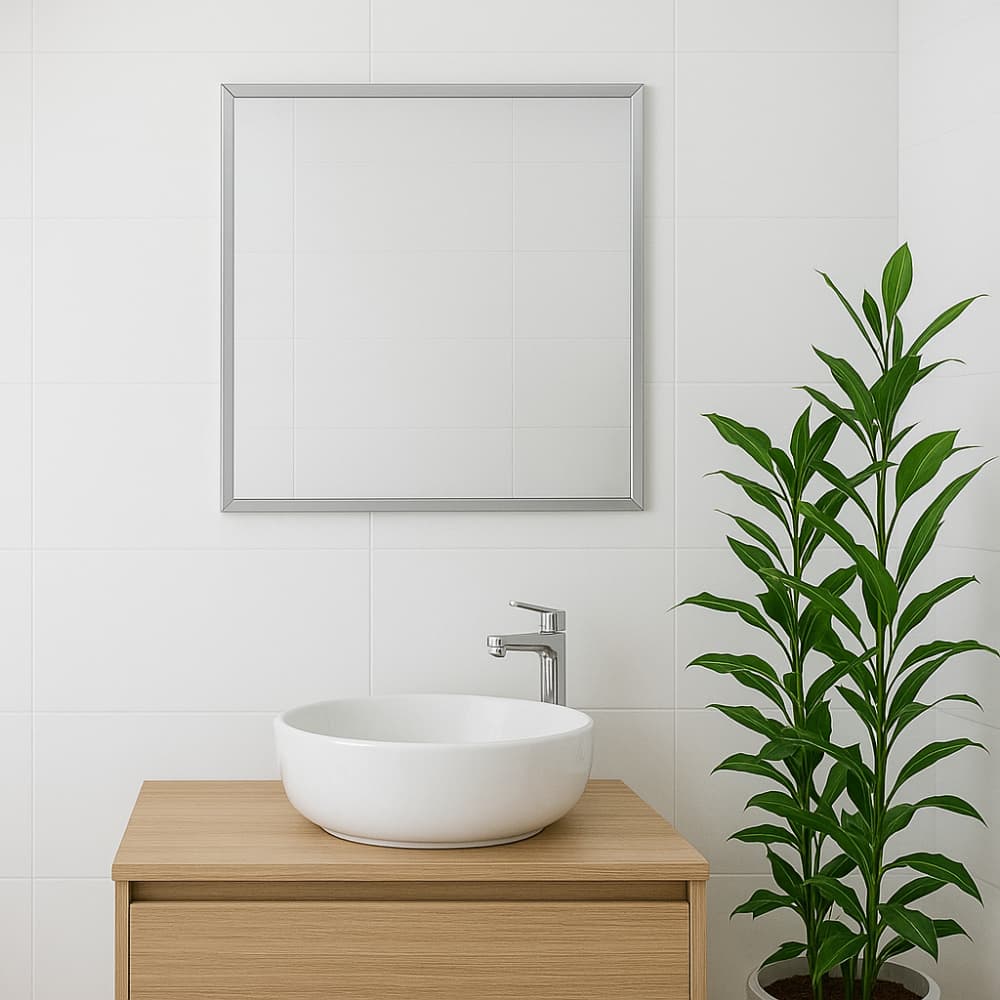 Espelho 40x40cm bisotado lapidado branco para banheiro com lavatório e planta