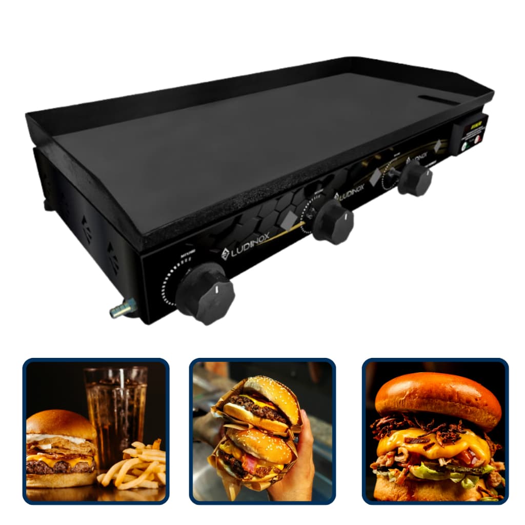 Chapa de lanche profissional Ludnix 70x30 cm com controles de temperatura, preto