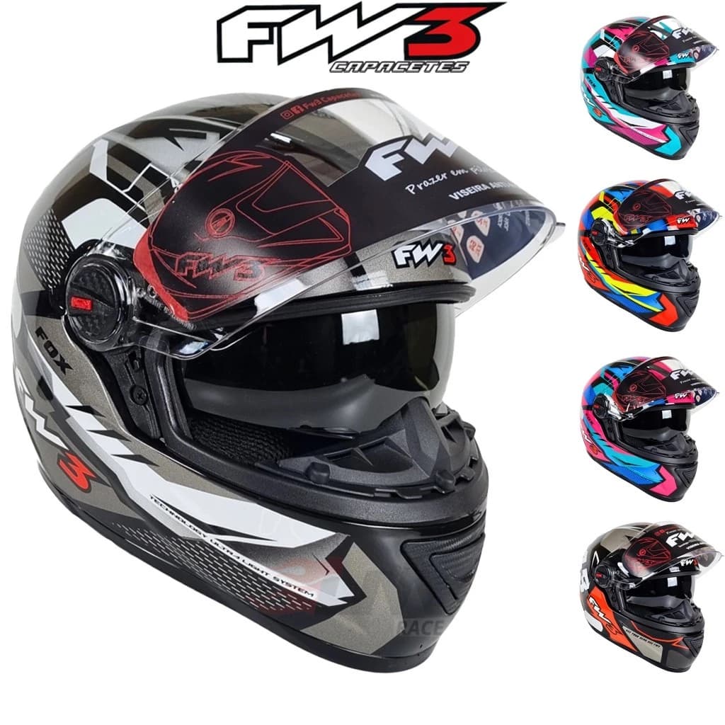 Capacete Fechado Com Viseira UV + Narigueira Alta Para Motociclistas -  Várias Cores GTX Fox FW3 Masculino e Feminino